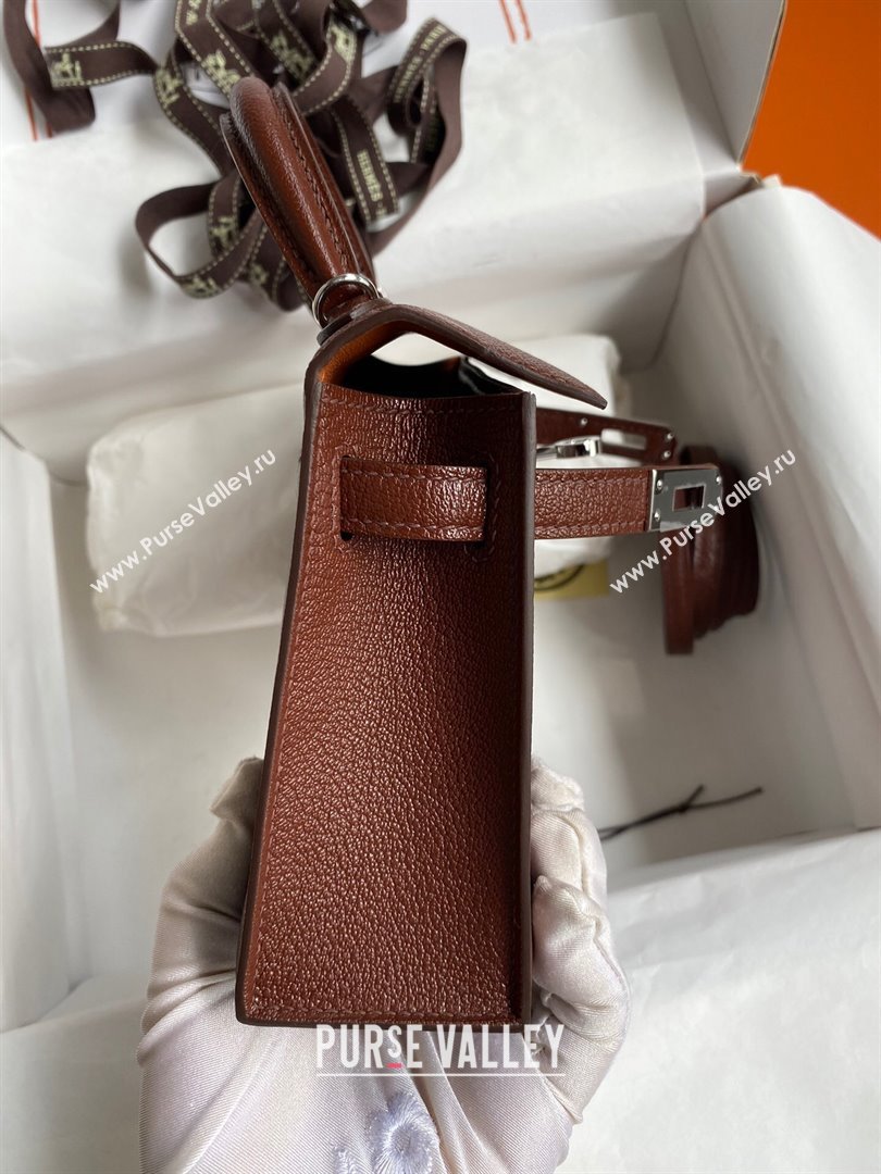 Hermes Mini Kelly II Bag 19cm in Original Chevre Leather Brown/Silver 2024 (XYA-24022911)