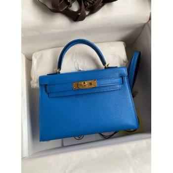 Hermes Mini Kelly II Bag 19cm in Original Chevre Leather Water sprite Blue/Gold 2024 (XYA-24022913)
