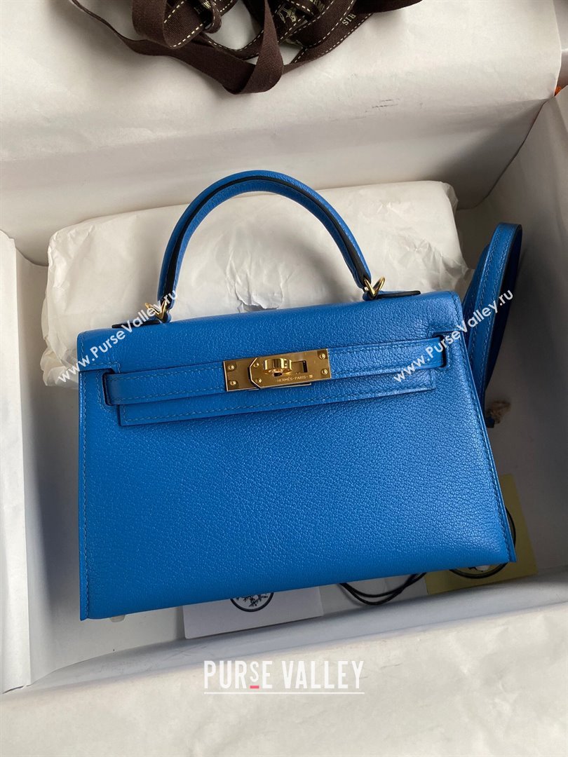 Hermes Mini Kelly II Bag 19cm in Original Chevre Leather Water sprite Blue/Gold 2024 (XYA-24022913)