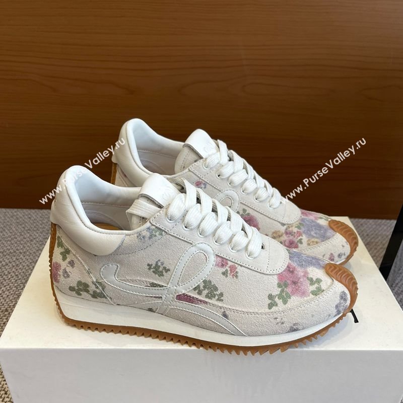 Loewe Womens Flow Runner Sneakers in White Flora Printed Suede 2025 LW022105 (KL-250221042)