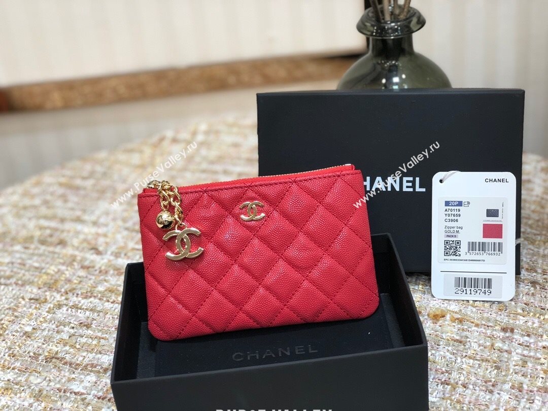 Chanel Grained Calfskin Mini Pouch with Charm A70119 Red CP08 2021  (JY-21031735)