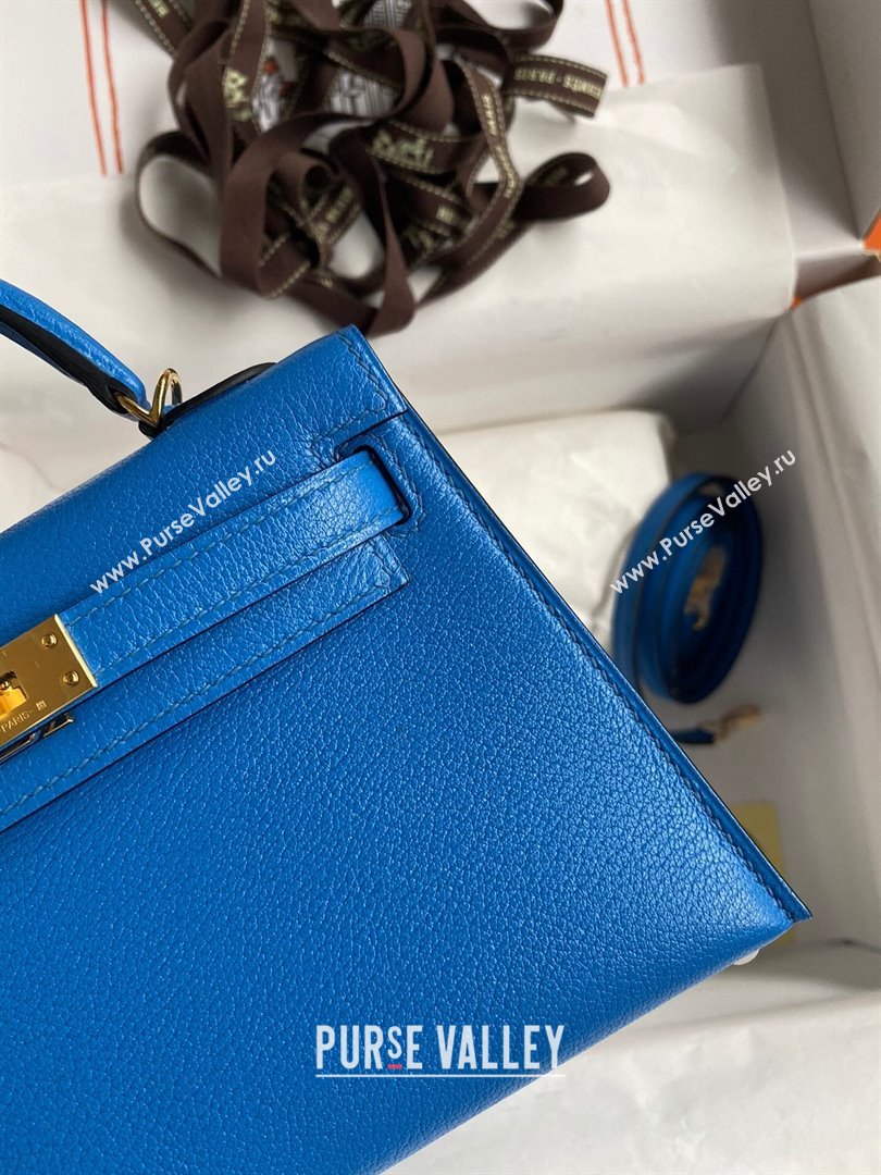Hermes Mini Kelly II Bag 19cm in Original Chevre Leather Water sprite Blue/Gold 2024 (XYA-24022913)