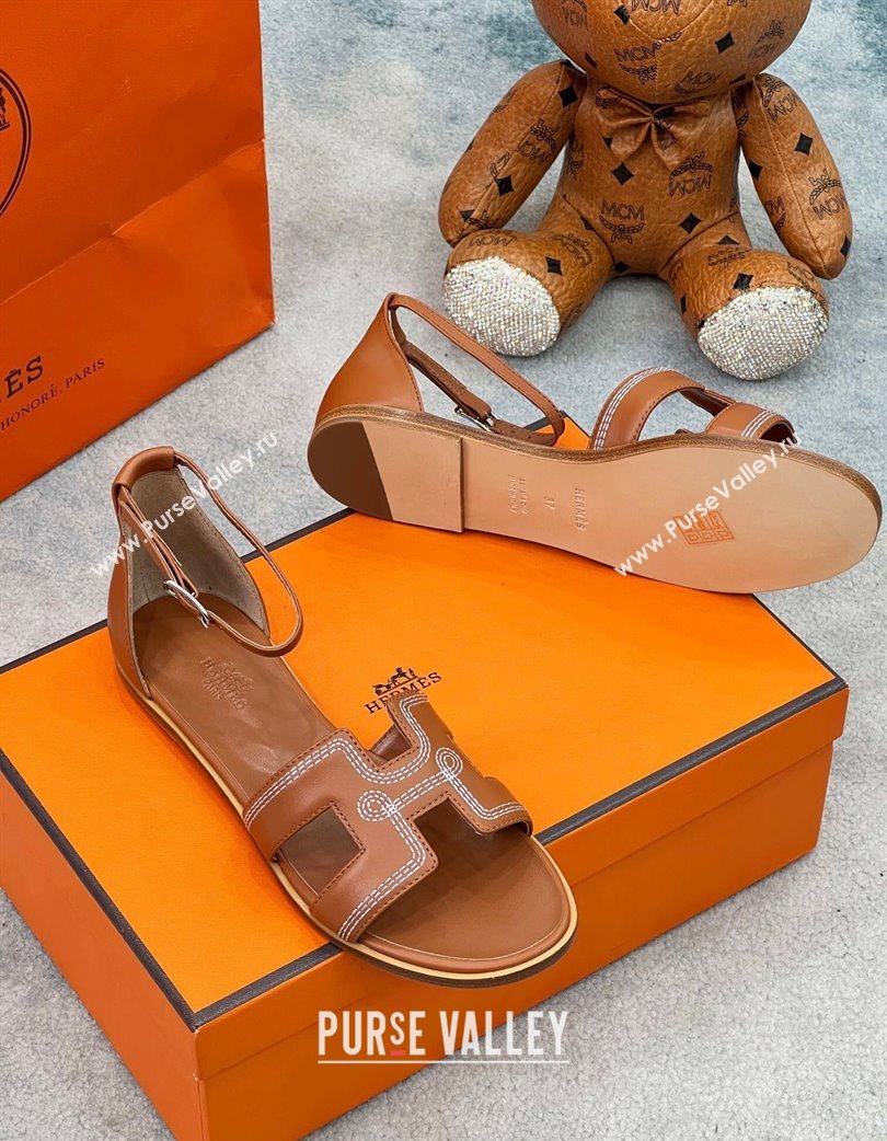 Hermes Santorini Flat Sandals in Calfskin with Stitches Brown 2025 H090901 (MD-250226144)