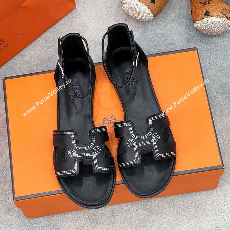 Hermes Santorini Flat Sandals in Calfskin with Stitches Black 2025 H090901 (MD-250226145)