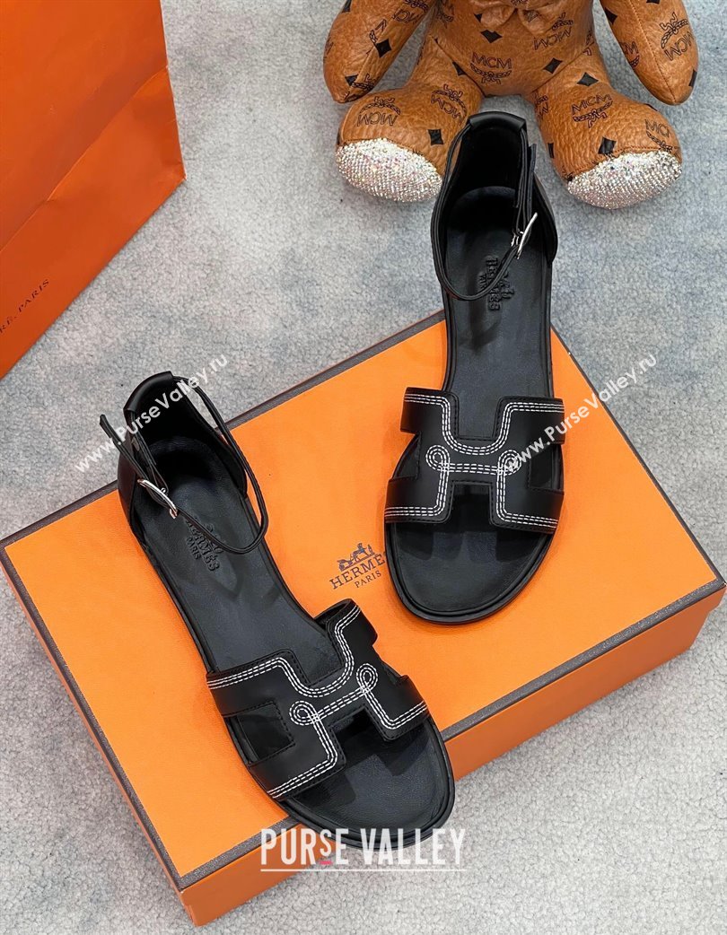 Hermes Santorini Flat Sandals in Calfskin with Stitches Black 2025 H090901 (MD-250226145)