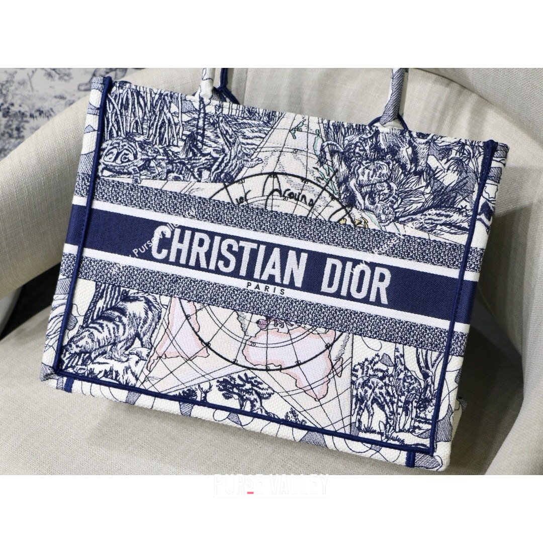Dior Small Book Tote Bag in Blue Around World Embroidery 2021 (XXG-21090730)