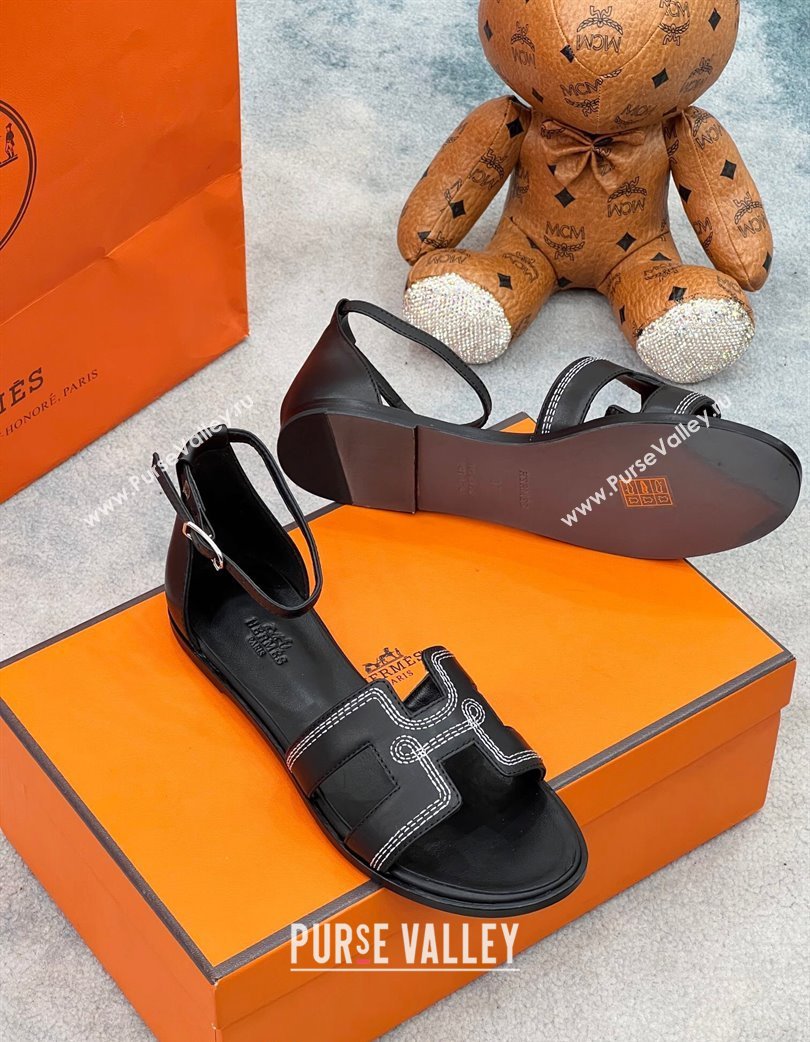 Hermes Santorini Flat Sandals in Calfskin with Stitches Black 2025 H090901 (MD-250226145)