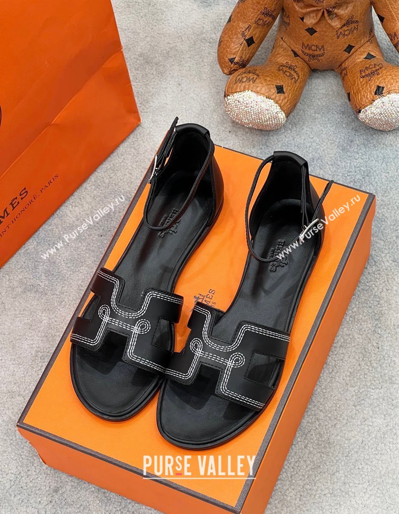 Hermes Santorini Flat Sandals in Calfskin with Stitches Black 2025 H090901 (MD-250226145)