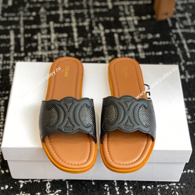 Celine Clemence Flat Slides Sandal in Straw-Like Black 2025 (SS-250709080)