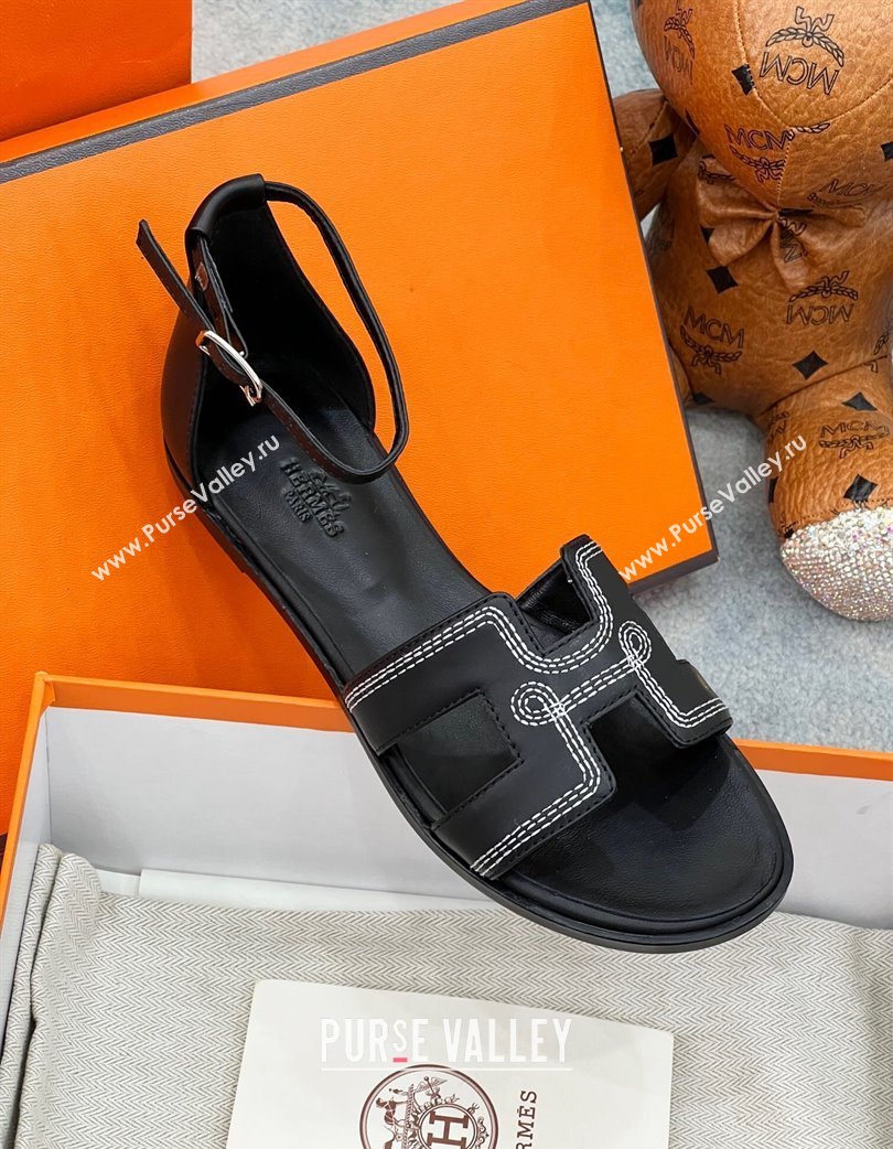 Hermes Santorini Flat Sandals in Calfskin with Stitches Black 2025 H090901 (MD-250226145)