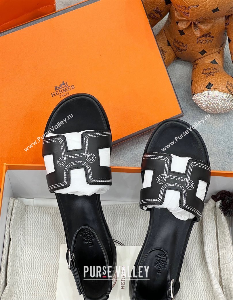 Hermes Santorini Flat Sandals in Calfskin with Stitches Black 2025 H090901 (MD-250226145)