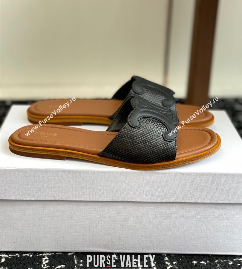 Celine Clemence Flat Slides Sandal in Straw-Like Black 2025 (SS-250709080)