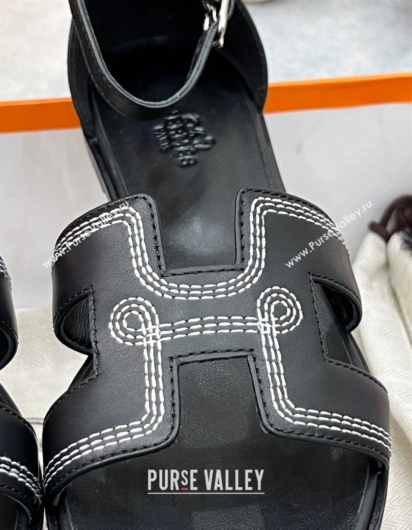 Hermes Santorini Flat Sandals in Calfskin with Stitches Black 2025 H090901 (MD-250226145)