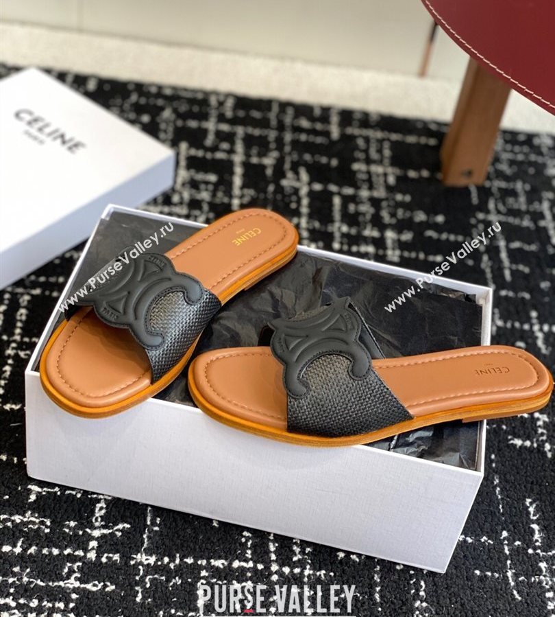 Celine Clemence Flat Slides Sandal in Straw-Like Black 2025 (SS-250709080)