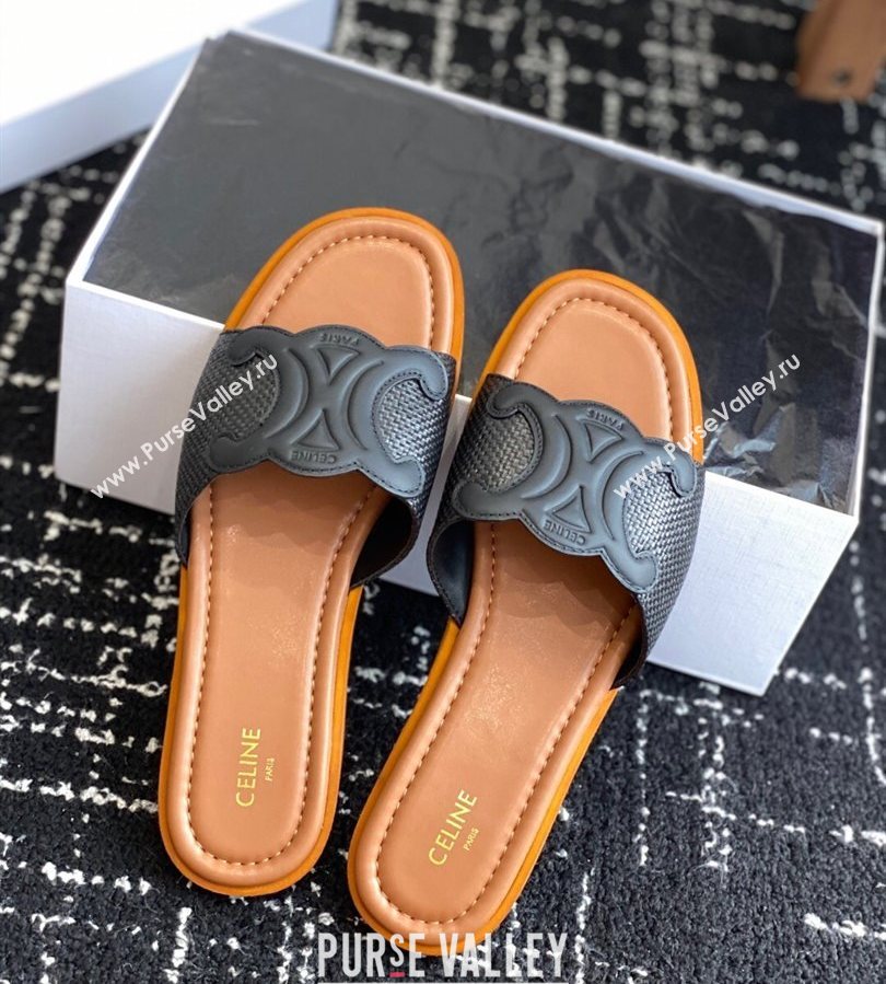 Celine Clemence Flat Slides Sandal in Straw-Like Black 2025 (SS-250709080)