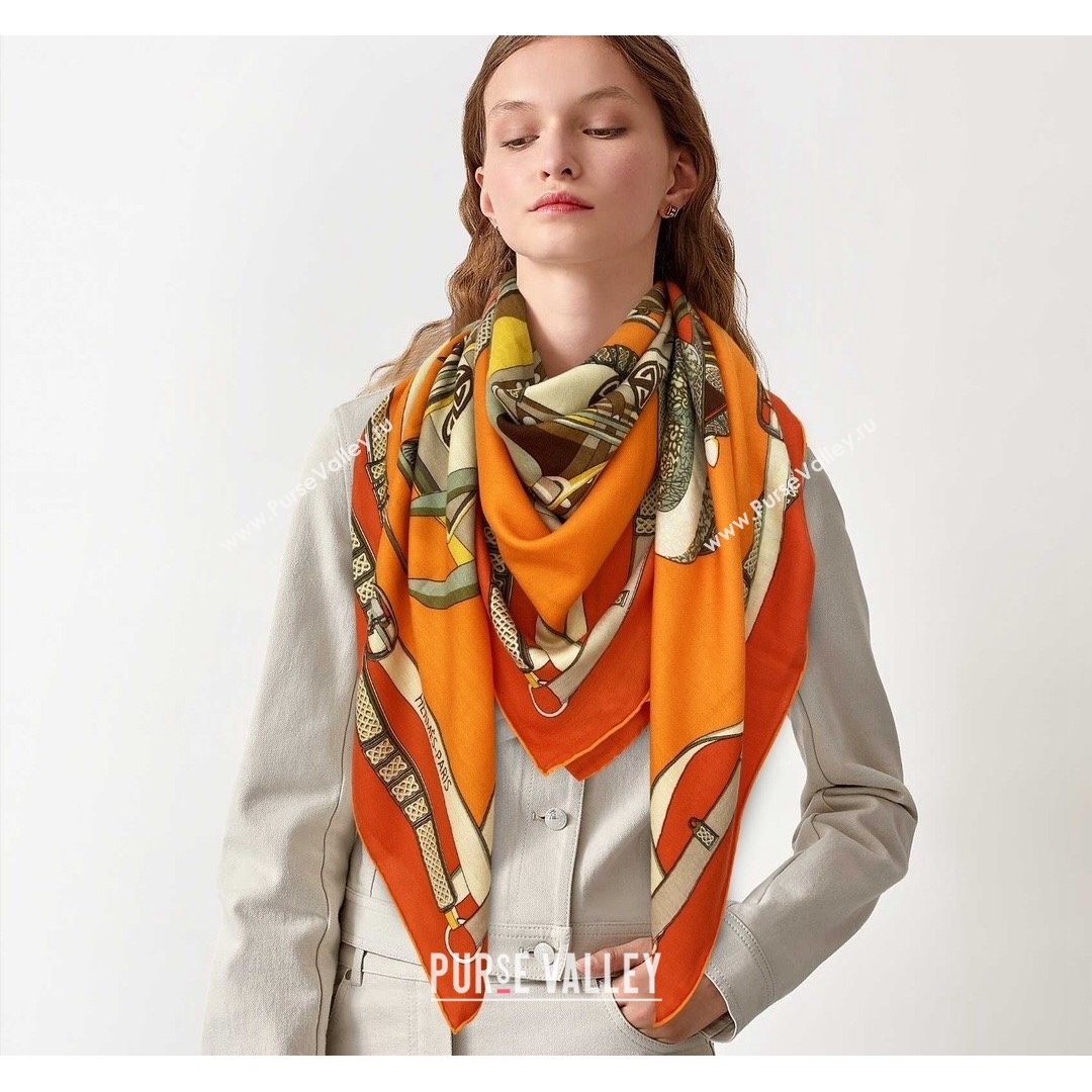 Hermes Saddle Shawl 140 Cashmere and Silk Scarf Orange 2021 (A-210904054)