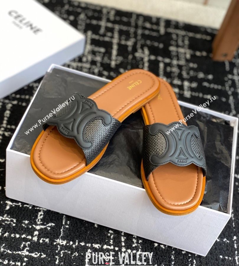 Celine Clemence Flat Slides Sandal in Straw-Like Black 2025 (SS-250709080)