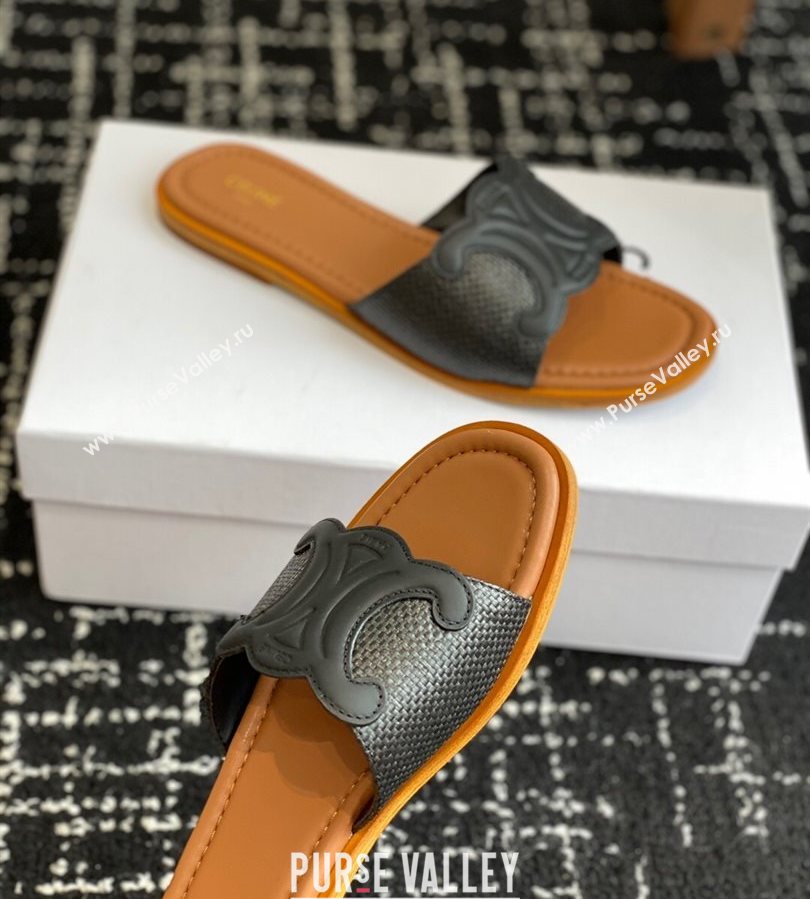 Celine Clemence Flat Slides Sandal in Straw-Like Black 2025 (SS-250709080)