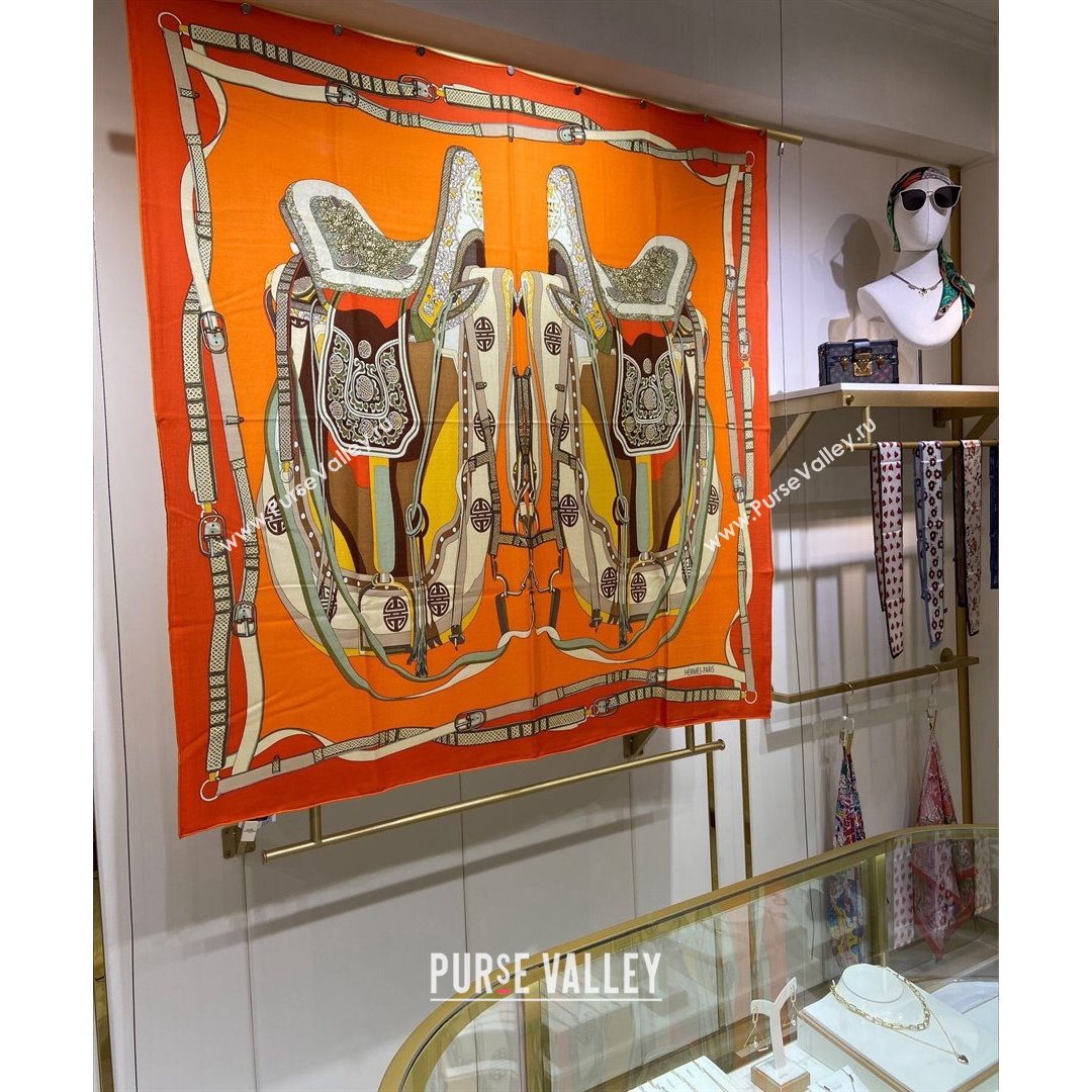 Hermes Saddle Shawl 140 Cashmere and Silk Scarf Orange 2021 (A-210904054)