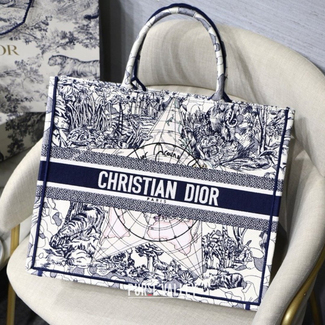 Dior Large Book Tote Bag in Blue Around World Embroidery 2021 (XXG-21090731)