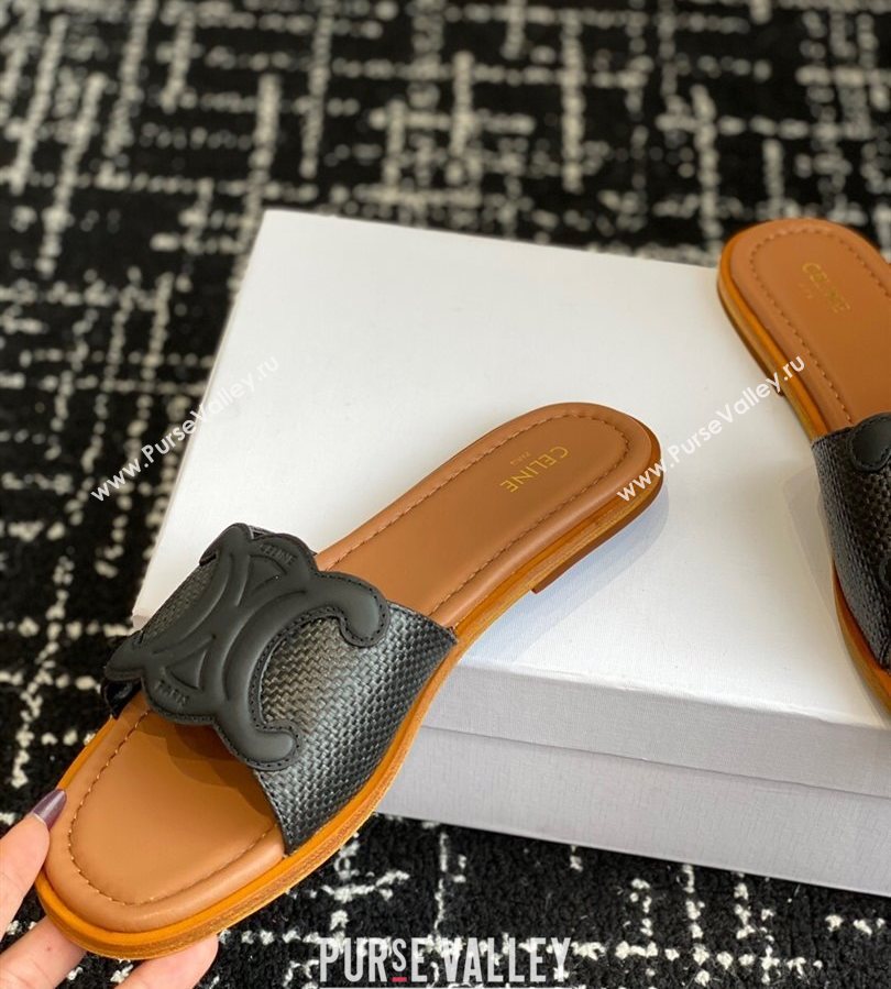 Celine Clemence Flat Slides Sandal in Straw-Like Black 2025 (SS-250709080)