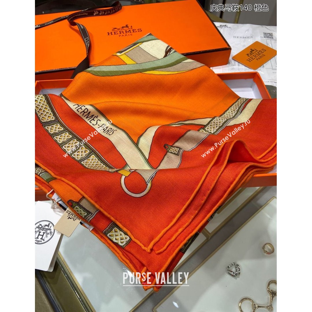 Hermes Saddle Shawl 140 Cashmere and Silk Scarf Orange 2021 (A-210904054)