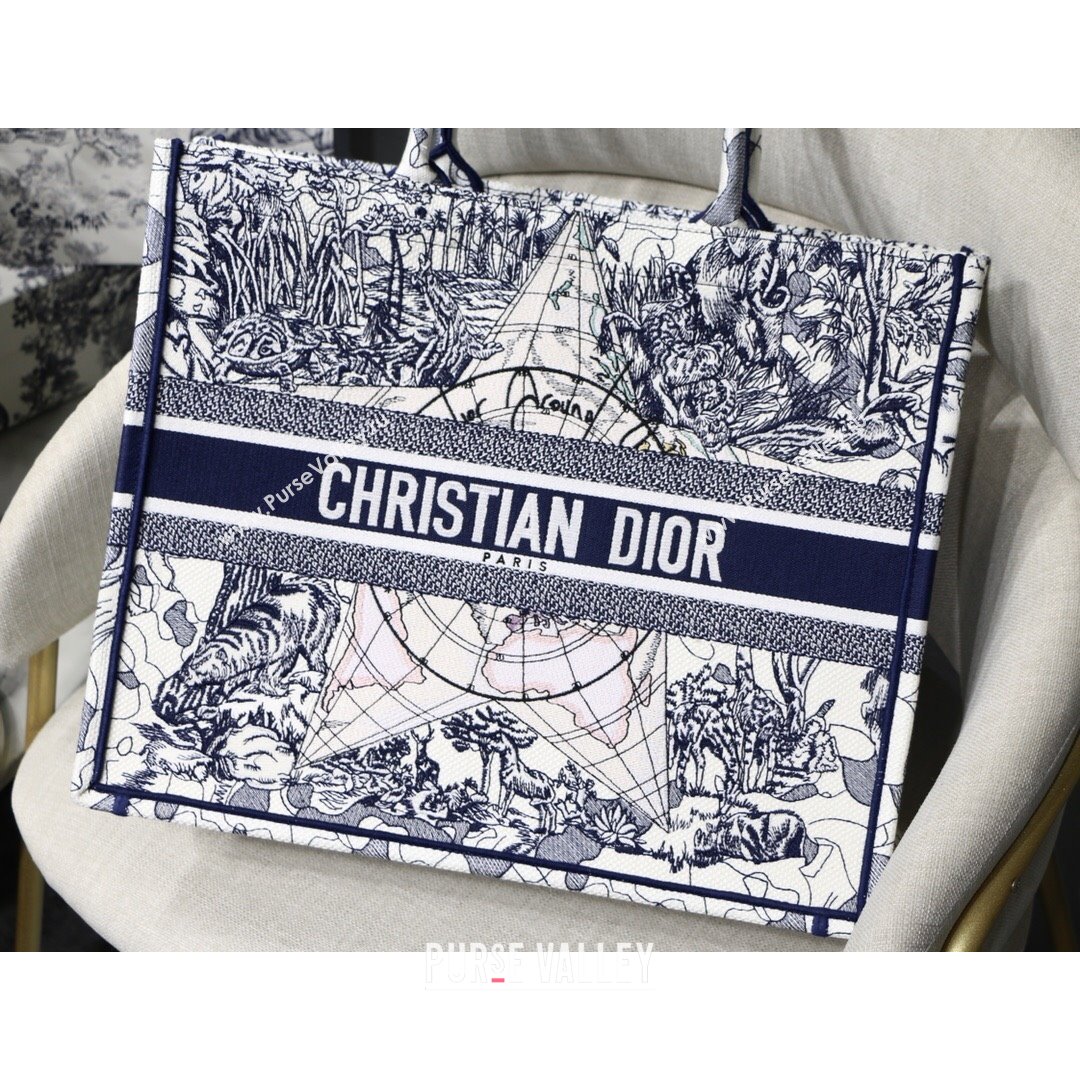 Dior Large Book Tote Bag in Blue Around World Embroidery 2021 (XXG-21090731)