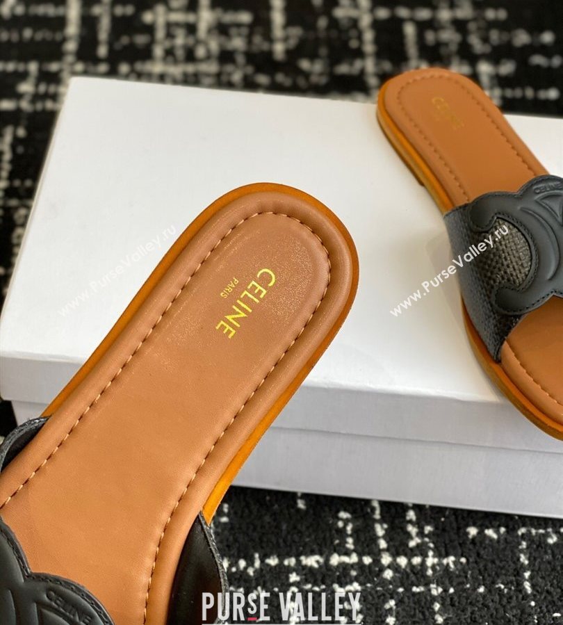 Celine Clemence Flat Slides Sandal in Straw-Like Black 2025 (SS-250709080)