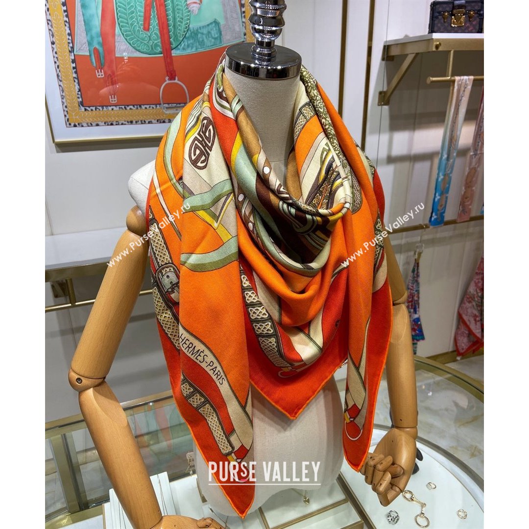 Hermes Saddle Shawl 140 Cashmere and Silk Scarf Orange 2021 (A-210904054)