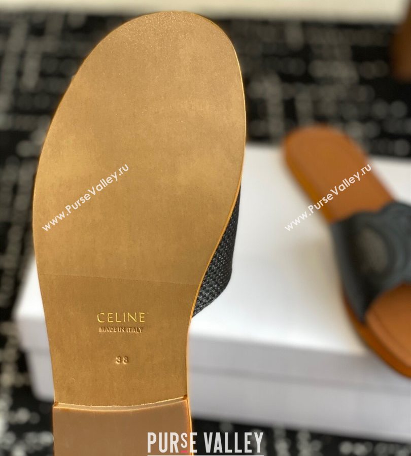 Celine Clemence Flat Slides Sandal in Straw-Like Black 2025 (SS-250709080)