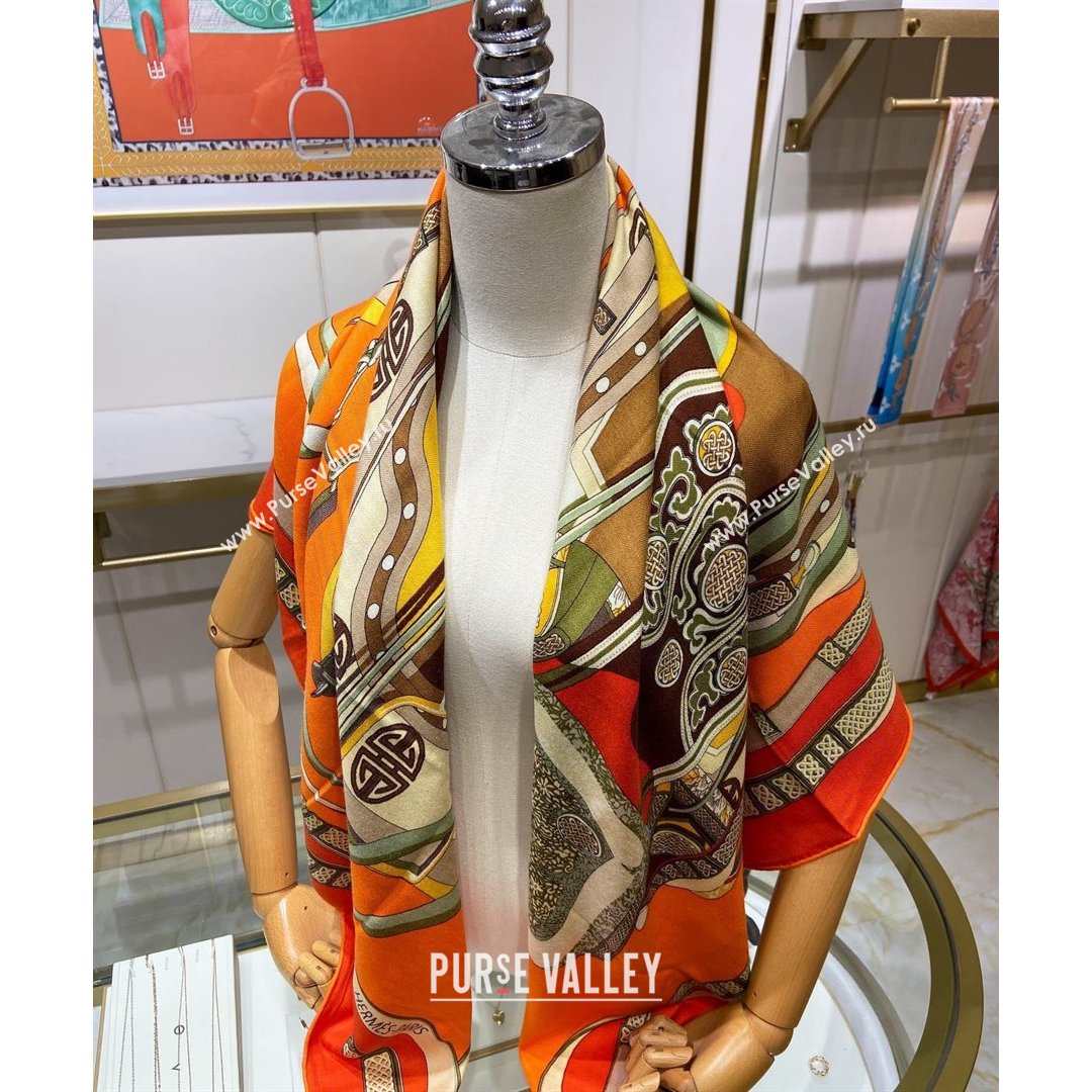 Hermes Saddle Shawl 140 Cashmere and Silk Scarf Orange 2021 (A-210904054)