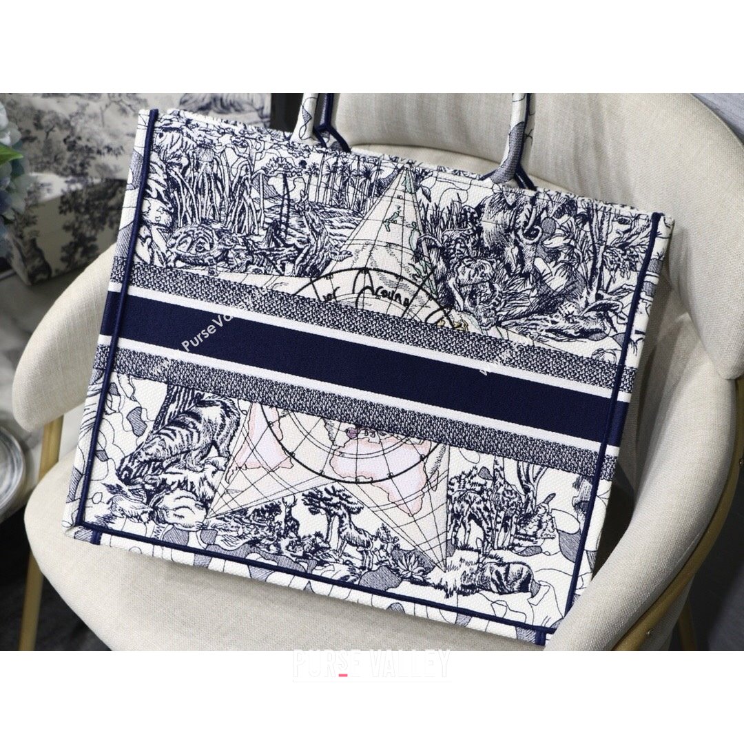 Dior Large Book Tote Bag in Blue Around World Embroidery 2021 (XXG-21090731)