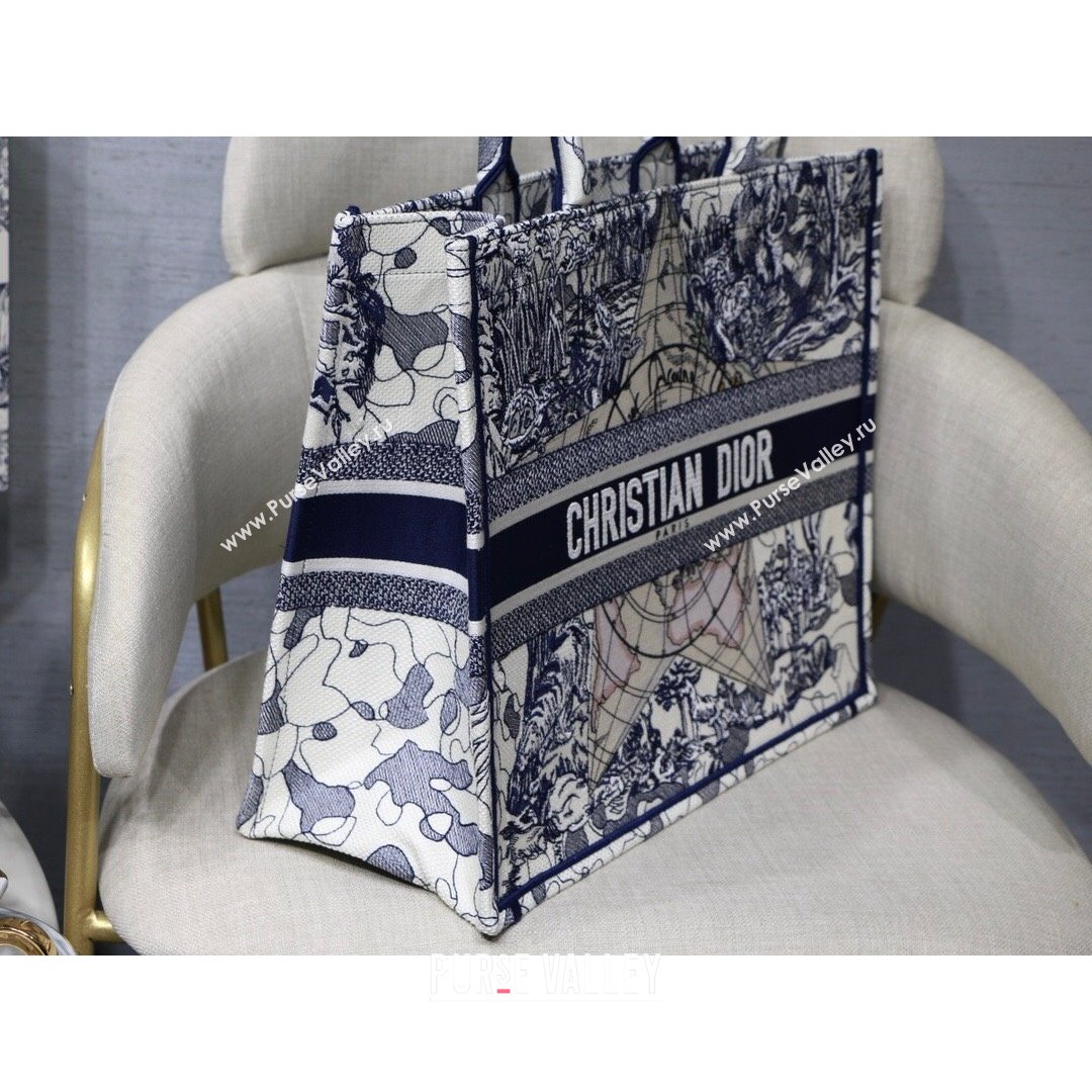 Dior Large Book Tote Bag in Blue Around World Embroidery 2021 (XXG-21090731)