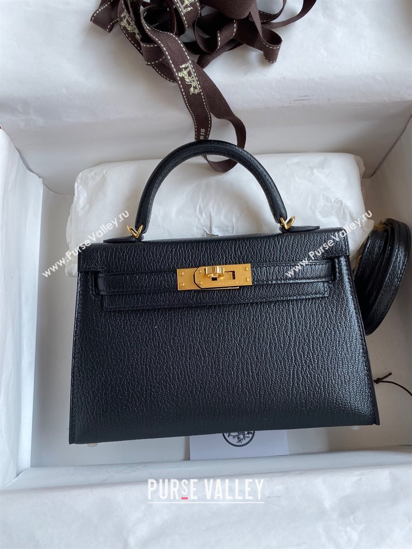 Hermes Mini Kelly II Bag 19cm in Original Chevre Leather Black/Gold 2024 (Full Handmade) (XYA-24022916)