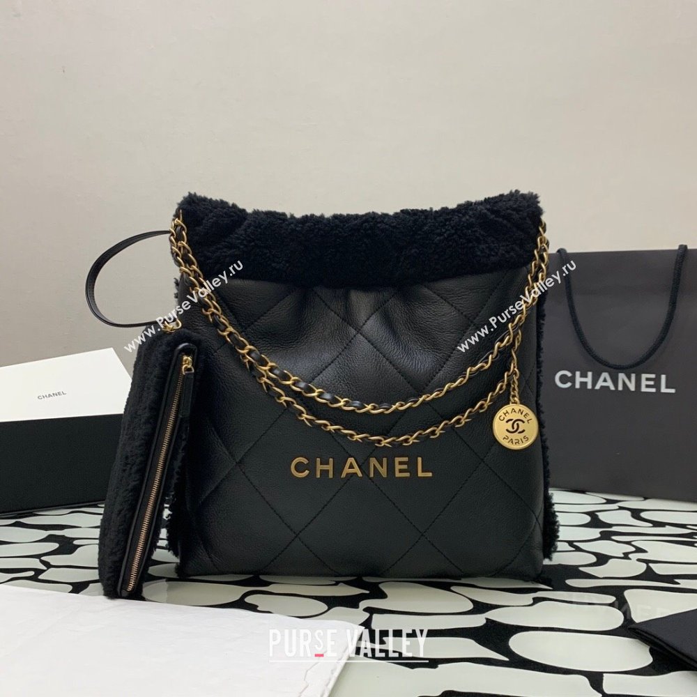 Chanel 22 Small Shopping Bag AS3260 in Leather and Wool Black 2023 (YEZI-23111616)