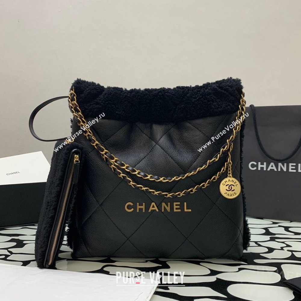 Chanel 22 Small Shopping Bag AS3260 in Leather and Wool Black 2023 (YEZI-23111616)