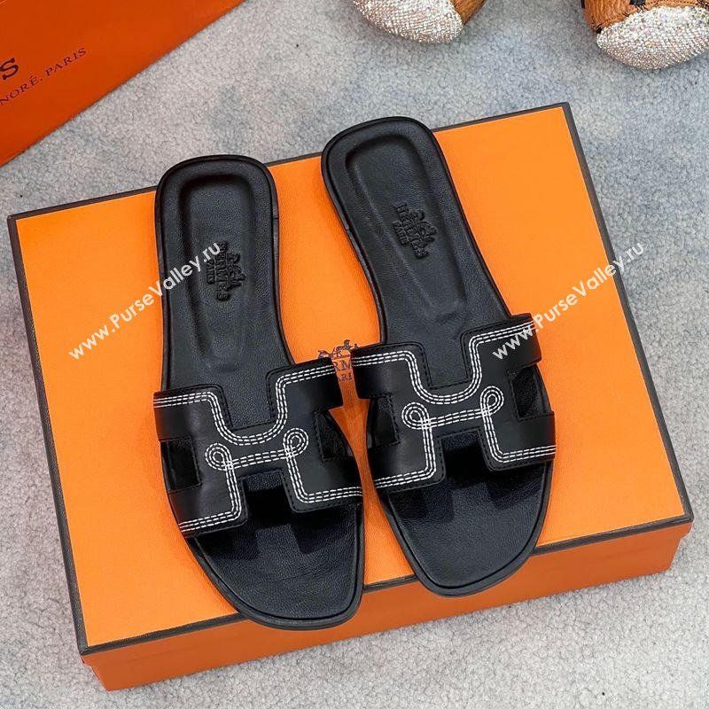 Hermes Oran Flat Slides Sandal in Calfskin with Stitches Black 2025 H090901 (MD-250226148)