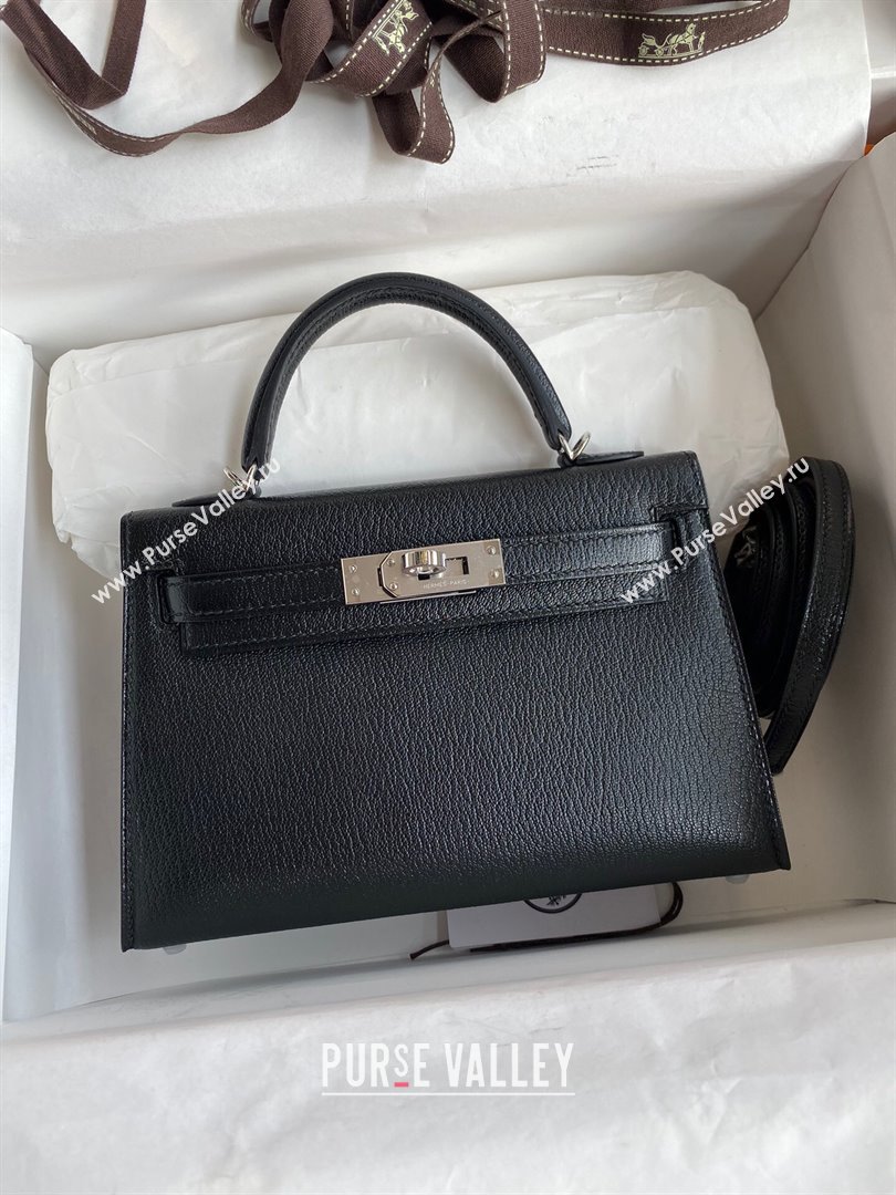 Hermes Mini Kelly II Bag 19cm in Original Chevre Leather Black/Silver 2024 (Full Handmade) (XYA-24022919)
