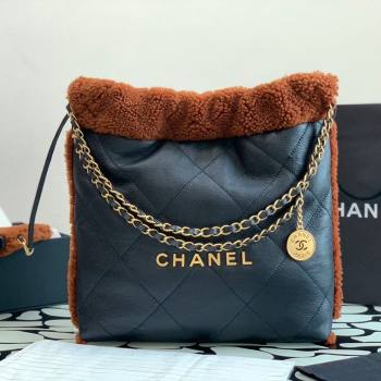 Chanel 22 Small Shopping Bag AS3260 in Leather and Wool Blue 2023 (YEZI-23111617)