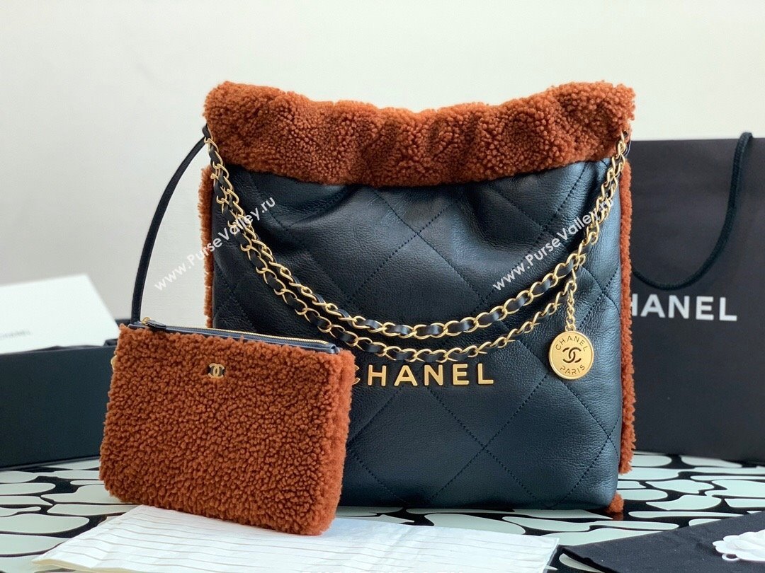 Chanel 22 Small Shopping Bag AS3260 in Leather and Wool Blue 2023 (YEZI-23111617)