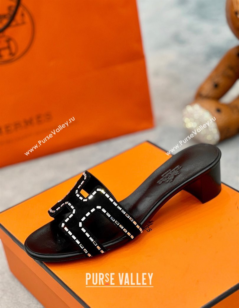 Hermes Oasis Classic Heel Slides Sandal in Suede with Strass Black 2025 H02271 (MD-250227001)