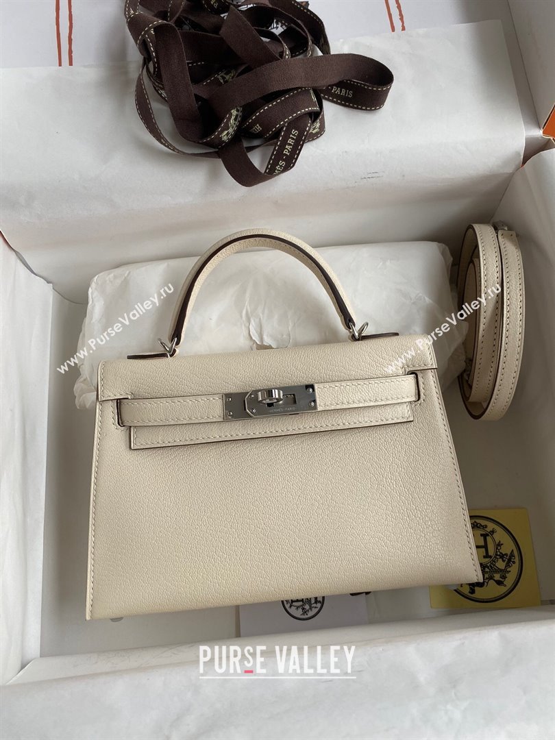 Hermes Mini Kelly II Bag 19cm in Original Chevre Leather Cream White/Silver 2024 (Full Handmade) (XYA-24022917)