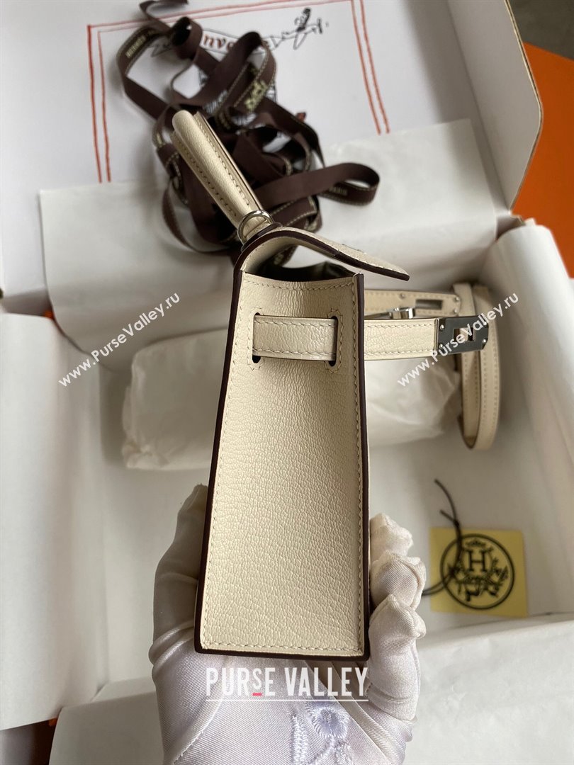Hermes Mini Kelly II Bag 19cm in Original Chevre Leather Cream White/Silver 2024 (Full Handmade) (XYA-24022917)