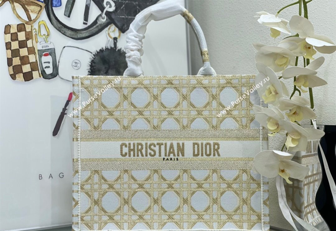 Dior Large Book Tote Bag in White and Gold Macrocannage Embroidery 2024 (BF-240312058)