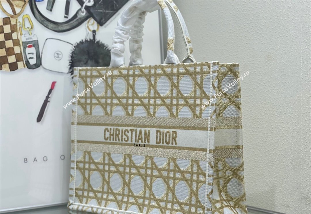 Dior Large Book Tote Bag in White and Gold Macrocannage Embroidery 2024 (BF-240312058)