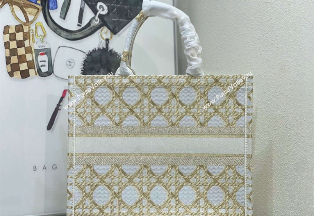 Dior Large Book Tote Bag in White and Gold Macrocannage Embroidery 2024 (BF-240312058)