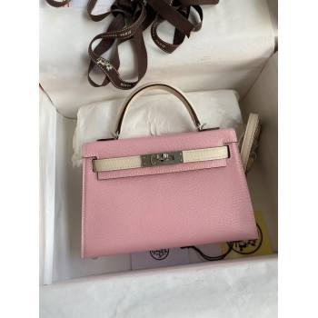 Hermes Mini Kelly II Bag 19cm in Original Chevre Leather 3Q Pink/Cream White/Silver 2024 (XYA-24022921)