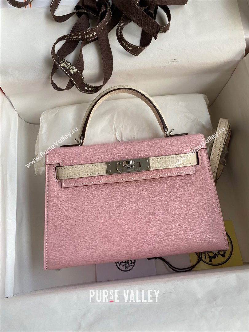 Hermes Mini Kelly II Bag 19cm in Original Chevre Leather 3Q Pink/Cream White/Silver 2024 (XYA-24022921)