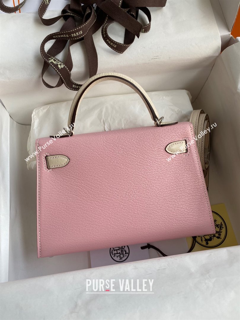 Hermes Mini Kelly II Bag 19cm in Original Chevre Leather 3Q Pink/Cream White/Silver 2024 (XYA-24022921)