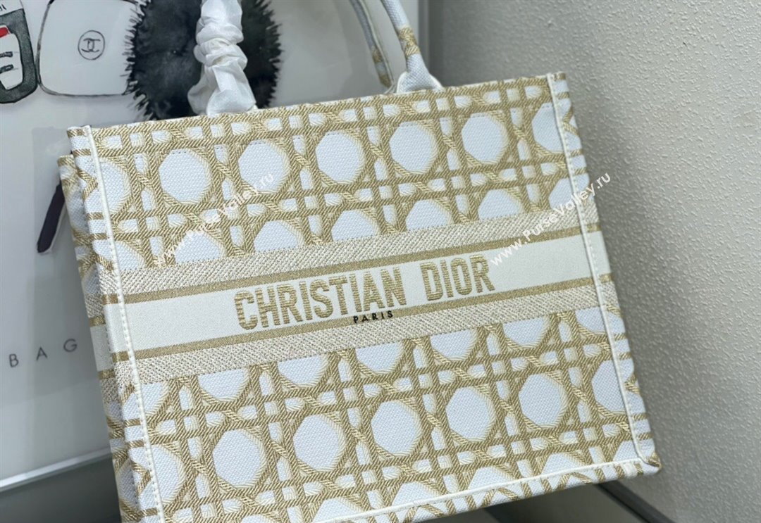 Dior Large Book Tote Bag in White and Gold Macrocannage Embroidery 2024 (BF-240312058)
